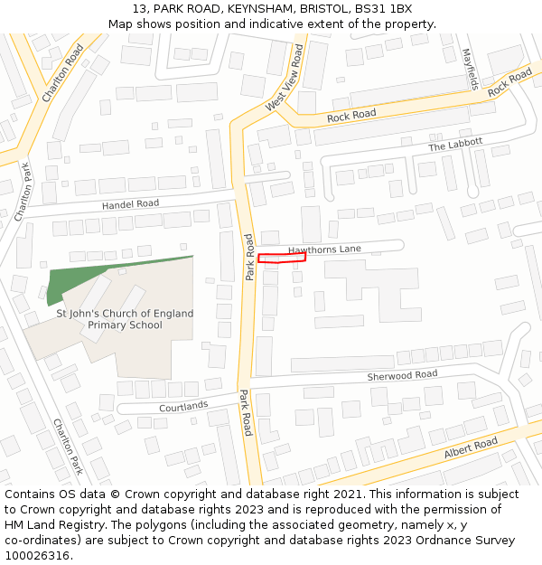13, PARK ROAD, KEYNSHAM, BRISTOL, BS31 1BX: Location map and indicative extent of plot