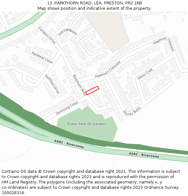 13, PARKTHORN ROAD, LEA, PRESTON, PR2 1RB: Location map and indicative extent of plot