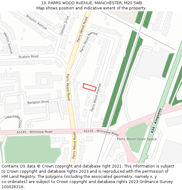 13, PARRS WOOD AVENUE, MANCHESTER, M20 5WB: Location map and indicative extent of plot