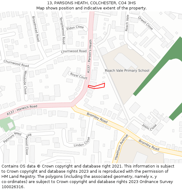 13, PARSONS HEATH, COLCHESTER, CO4 3HS: Location map and indicative extent of plot