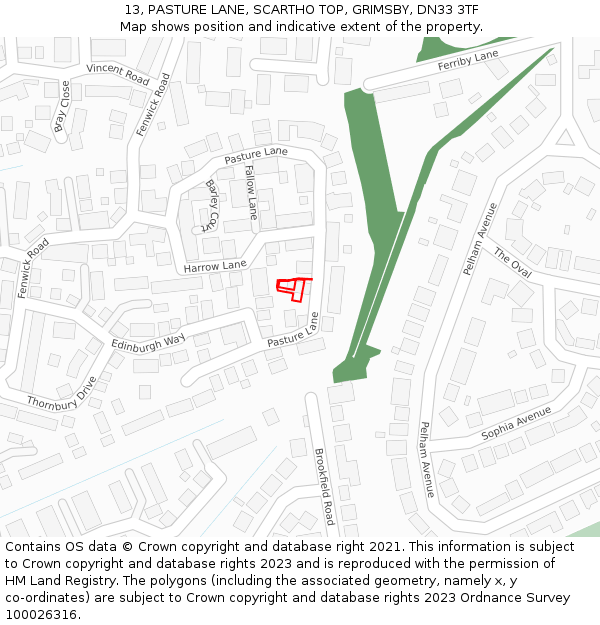 13, PASTURE LANE, SCARTHO TOP, GRIMSBY, DN33 3TF: Location map and indicative extent of plot