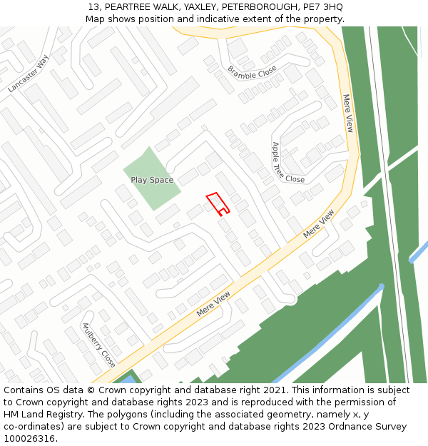 13, PEARTREE WALK, YAXLEY, PETERBOROUGH, PE7 3HQ: Location map and indicative extent of plot
