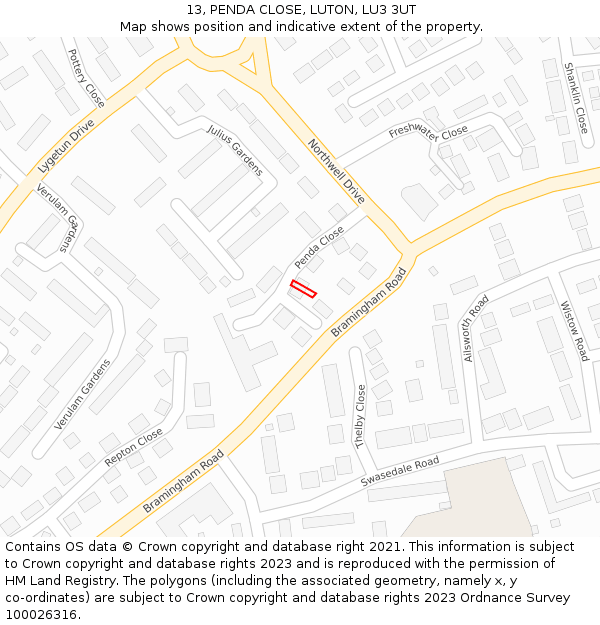 13, PENDA CLOSE, LUTON, LU3 3UT: Location map and indicative extent of plot