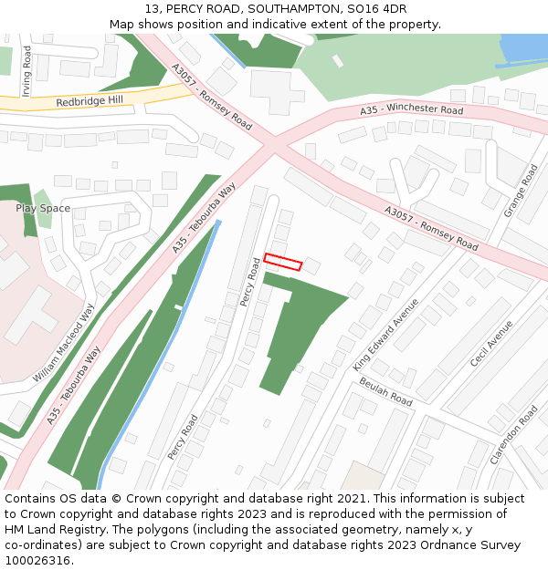 13, PERCY ROAD, SOUTHAMPTON, SO16 4DR: Location map and indicative extent of plot