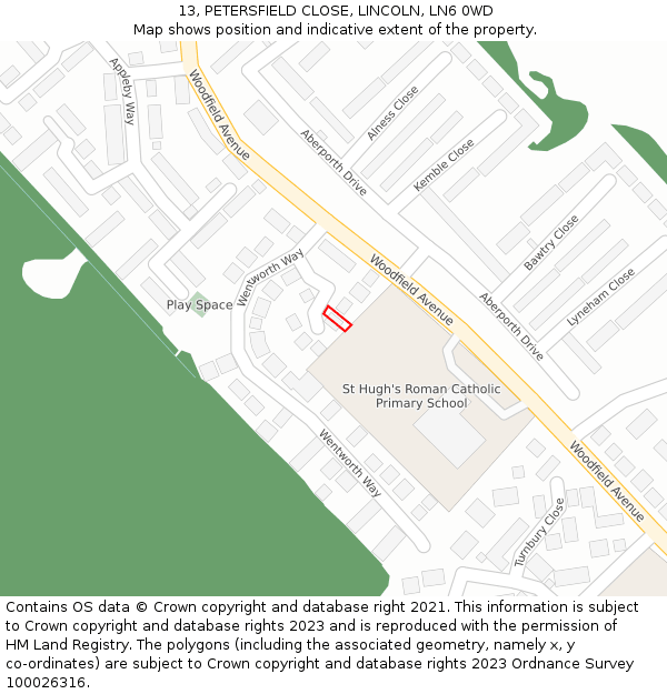 13, PETERSFIELD CLOSE, LINCOLN, LN6 0WD: Location map and indicative extent of plot