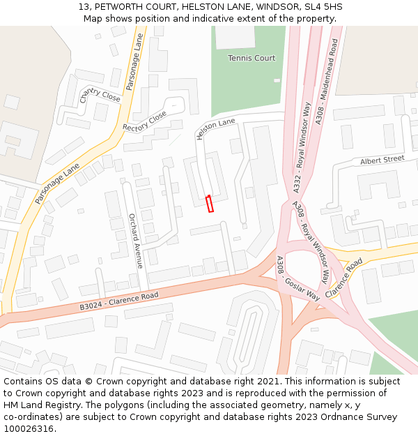 13, PETWORTH COURT, HELSTON LANE, WINDSOR, SL4 5HS: Location map and indicative extent of plot