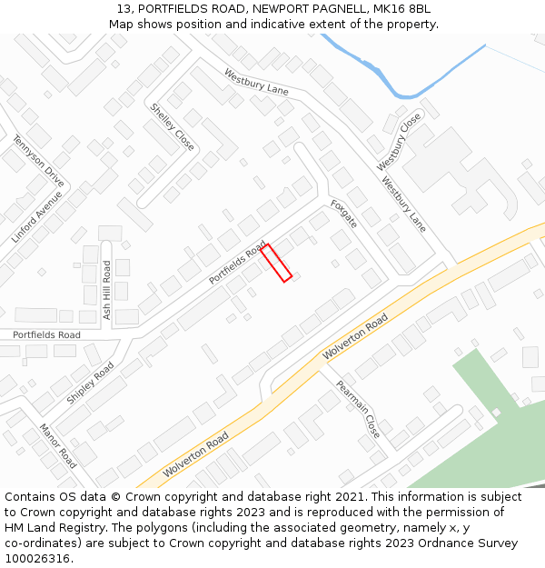13, PORTFIELDS ROAD, NEWPORT PAGNELL, MK16 8BL: Location map and indicative extent of plot