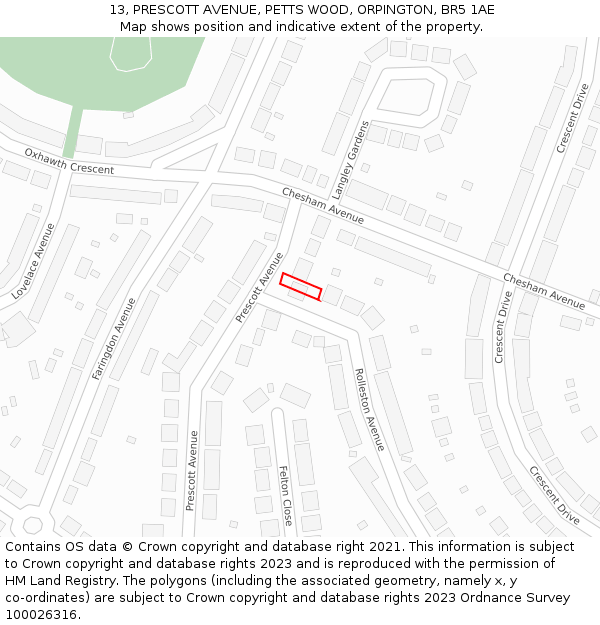 13, PRESCOTT AVENUE, PETTS WOOD, ORPINGTON, BR5 1AE: Location map and indicative extent of plot