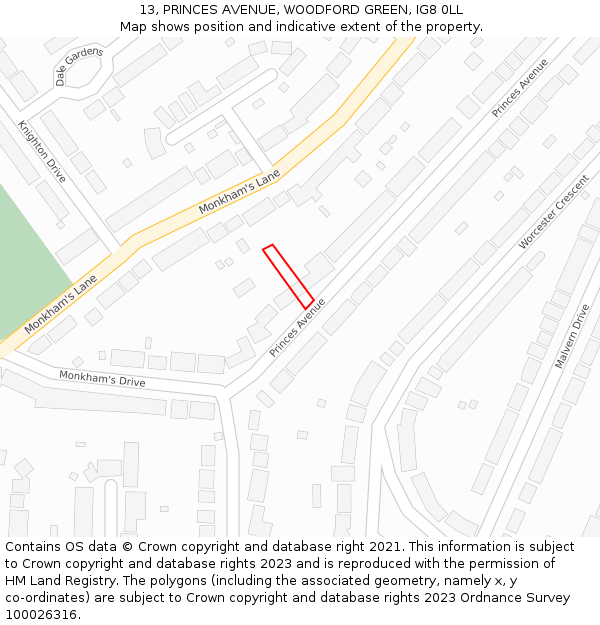 13, PRINCES AVENUE, WOODFORD GREEN, IG8 0LL: Location map and indicative extent of plot