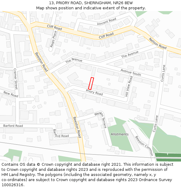 13, PRIORY ROAD, SHERINGHAM, NR26 8EW: Location map and indicative extent of plot