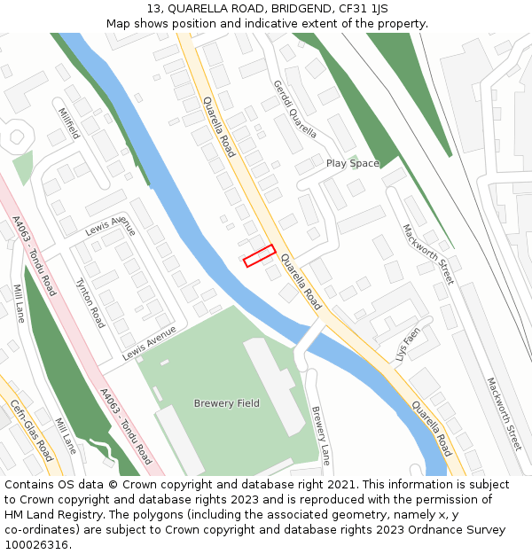 13, QUARELLA ROAD, BRIDGEND, CF31 1JS: Location map and indicative extent of plot