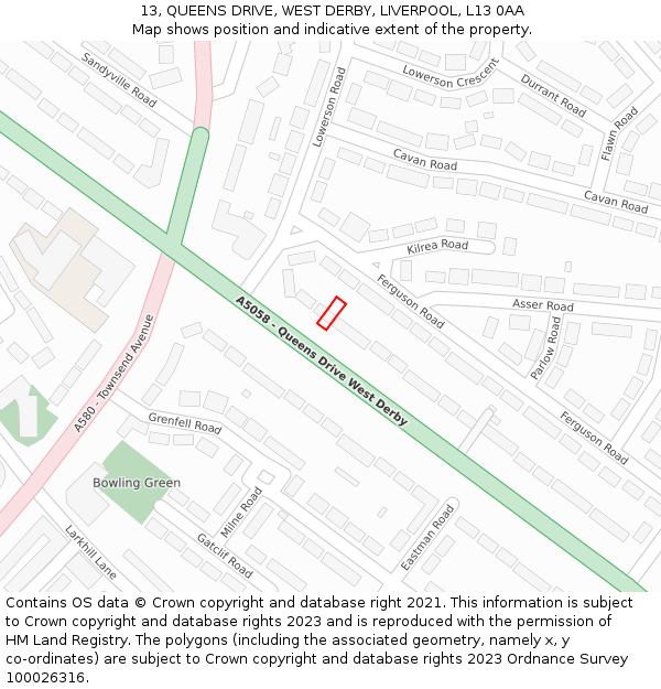 13, QUEENS DRIVE, WEST DERBY, LIVERPOOL, L13 0AA: Location map and indicative extent of plot
