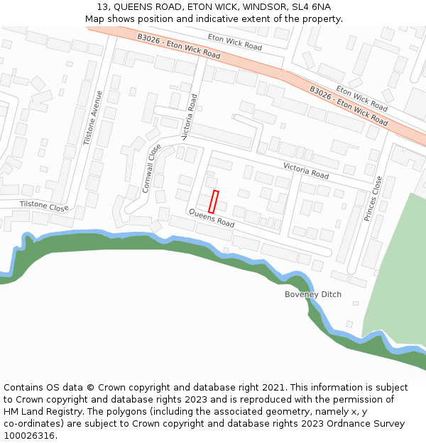13, QUEENS ROAD, ETON WICK, WINDSOR, SL4 6NA: Location map and indicative extent of plot