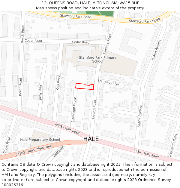 13, QUEENS ROAD, HALE, ALTRINCHAM, WA15 9HF: Location map and indicative extent of plot