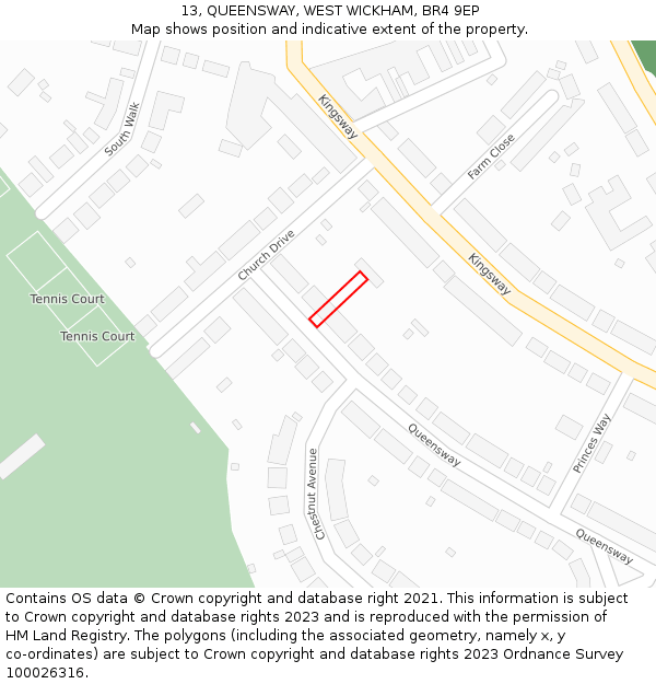13, QUEENSWAY, WEST WICKHAM, BR4 9EP: Location map and indicative extent of plot