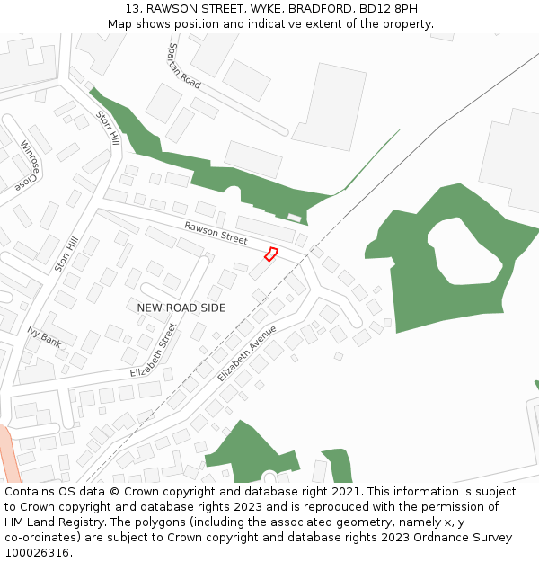 13, RAWSON STREET, WYKE, BRADFORD, BD12 8PH: Location map and indicative extent of plot