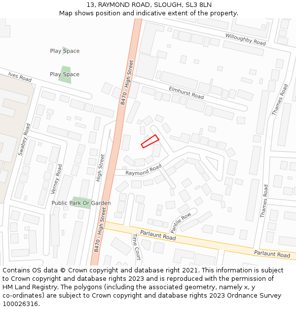 13, RAYMOND ROAD, SLOUGH, SL3 8LN: Location map and indicative extent of plot