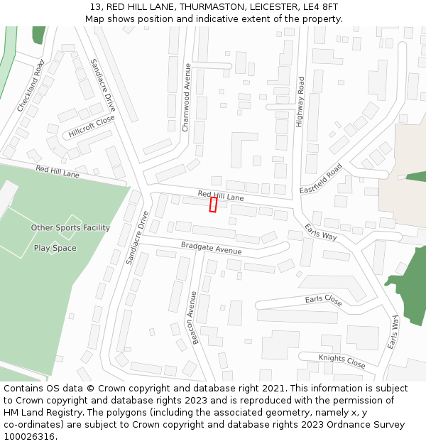 13, RED HILL LANE, THURMASTON, LEICESTER, LE4 8FT: Location map and indicative extent of plot