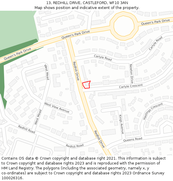 13, REDHILL DRIVE, CASTLEFORD, WF10 3AN: Location map and indicative extent of plot