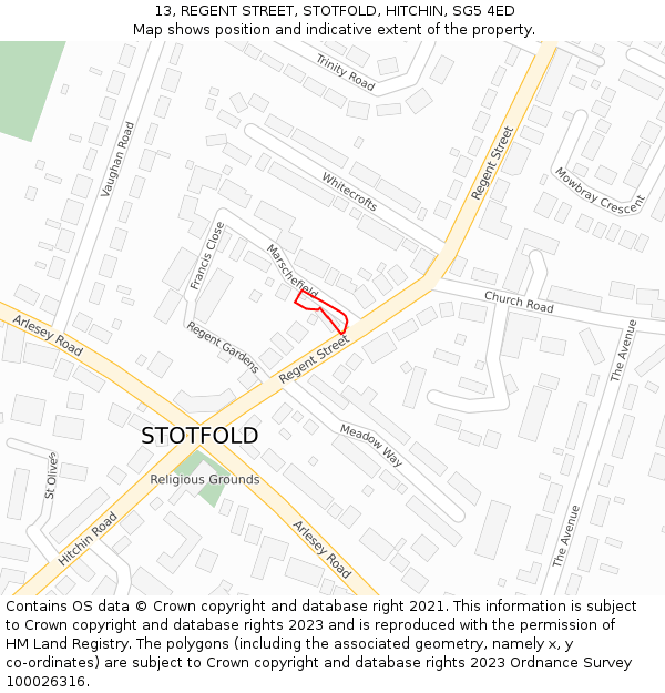 13, REGENT STREET, STOTFOLD, HITCHIN, SG5 4ED: Location map and indicative extent of plot