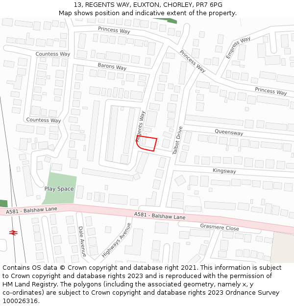 13, REGENTS WAY, EUXTON, CHORLEY, PR7 6PG: Location map and indicative extent of plot