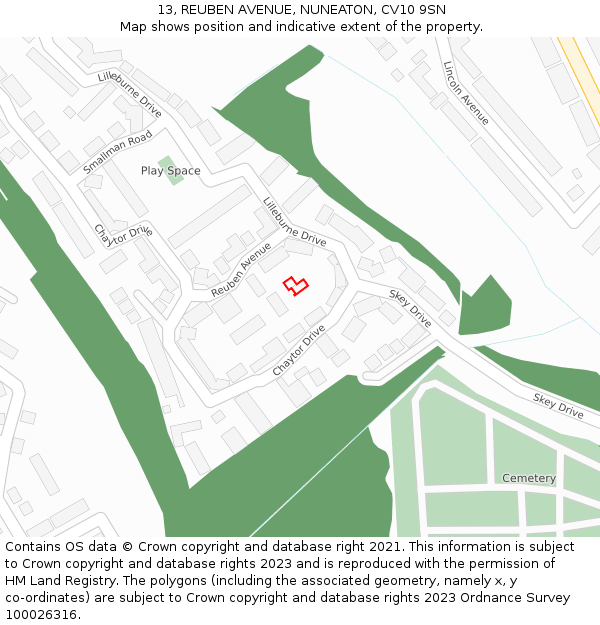 13, REUBEN AVENUE, NUNEATON, CV10 9SN: Location map and indicative extent of plot