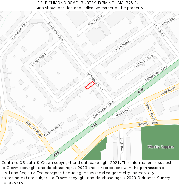 13, RICHMOND ROAD, RUBERY, BIRMINGHAM, B45 9UL: Location map and indicative extent of plot