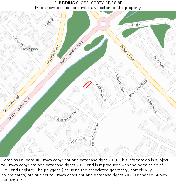 13, RIDDING CLOSE, CORBY, NN18 8EH: Location map and indicative extent of plot