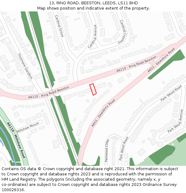 13, RING ROAD, BEESTON, LEEDS, LS11 8HD: Location map and indicative extent of plot