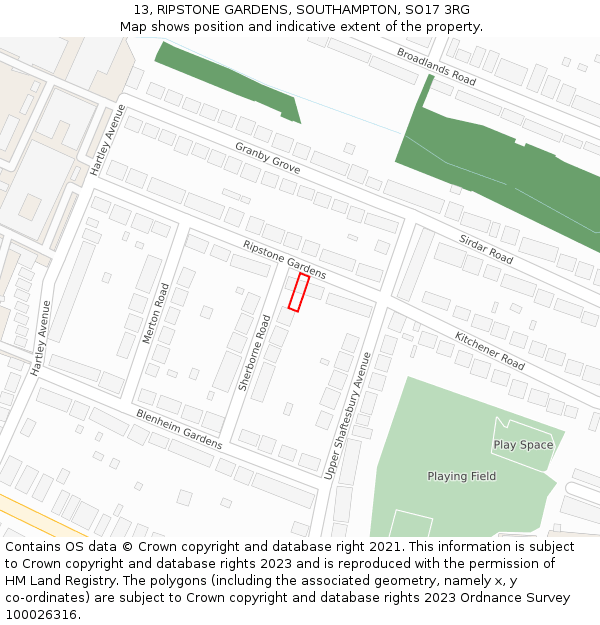13, RIPSTONE GARDENS, SOUTHAMPTON, SO17 3RG: Location map and indicative extent of plot
