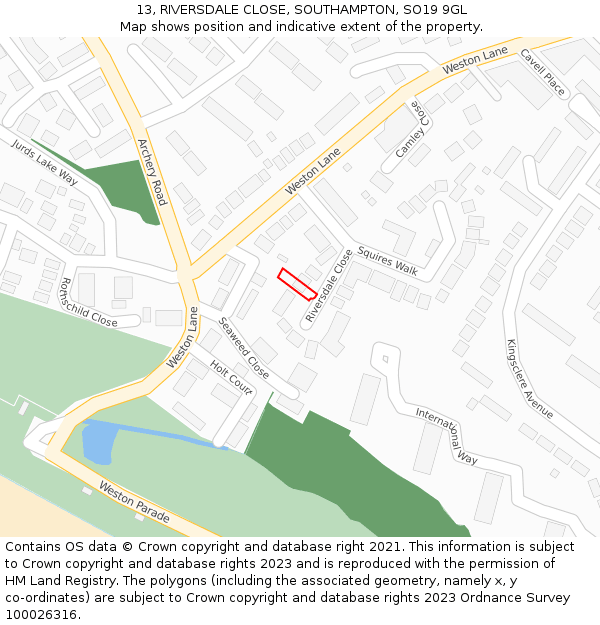 13, RIVERSDALE CLOSE, SOUTHAMPTON, SO19 9GL: Location map and indicative extent of plot