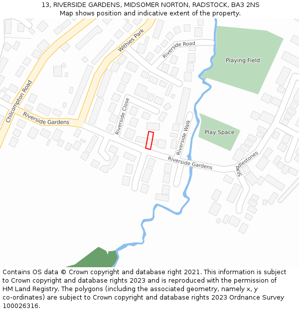 13, RIVERSIDE GARDENS, MIDSOMER NORTON, RADSTOCK, BA3 2NS: Location map and indicative extent of plot