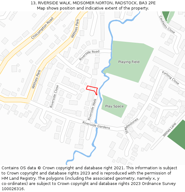 13, RIVERSIDE WALK, MIDSOMER NORTON, RADSTOCK, BA3 2PE: Location map and indicative extent of plot