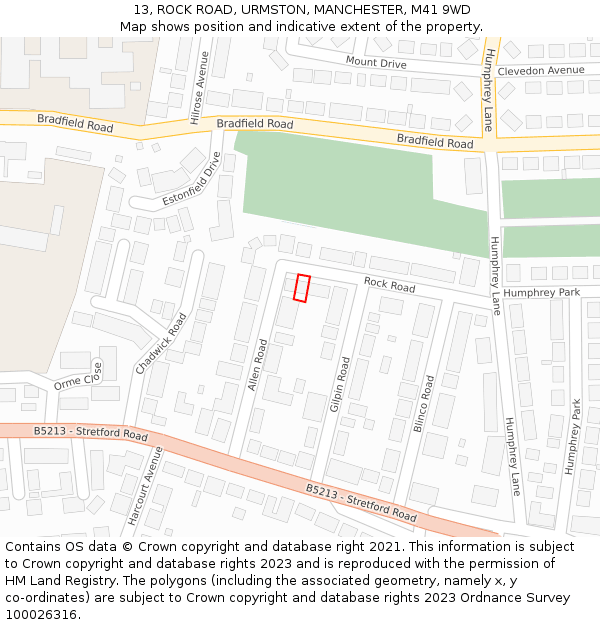 13, ROCK ROAD, URMSTON, MANCHESTER, M41 9WD: Location map and indicative extent of plot
