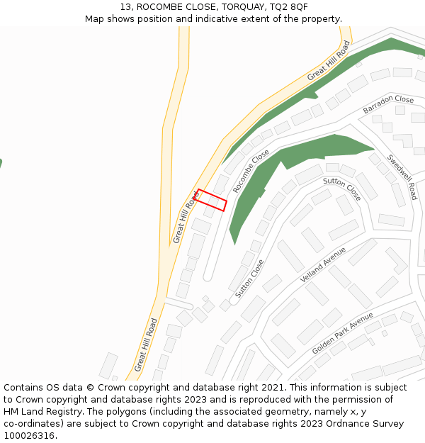 13, ROCOMBE CLOSE, TORQUAY, TQ2 8QF: Location map and indicative extent of plot