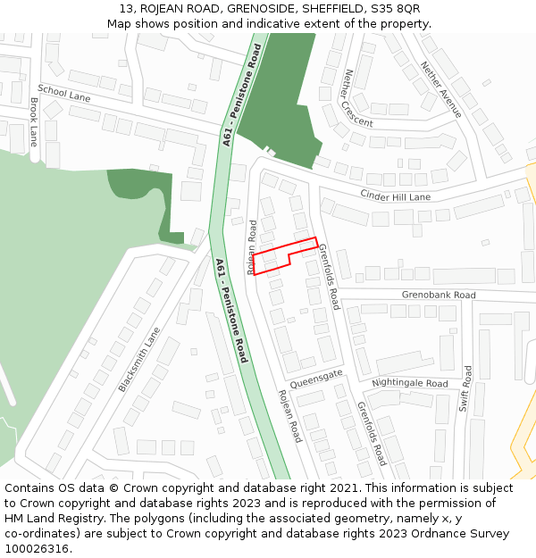 13, ROJEAN ROAD, GRENOSIDE, SHEFFIELD, S35 8QR: Location map and indicative extent of plot