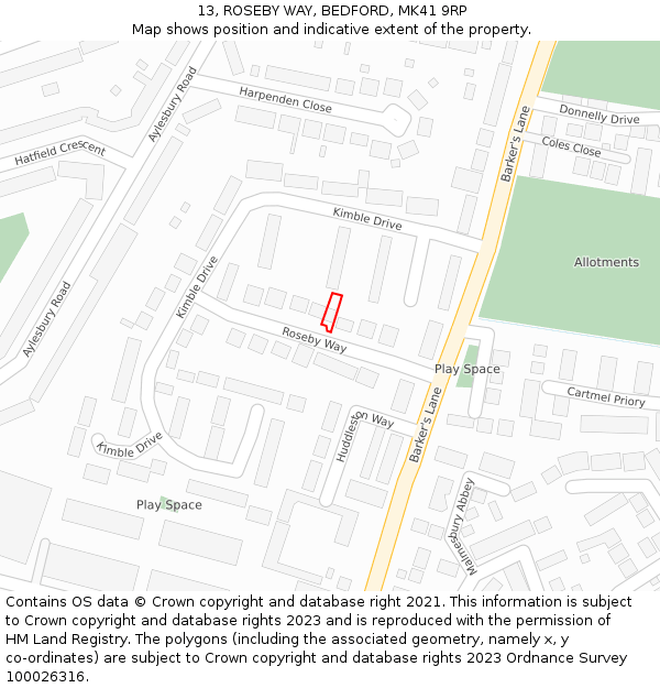 13, ROSEBY WAY, BEDFORD, MK41 9RP: Location map and indicative extent of plot