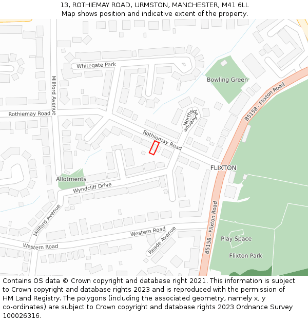 13, ROTHIEMAY ROAD, URMSTON, MANCHESTER, M41 6LL: Location map and indicative extent of plot