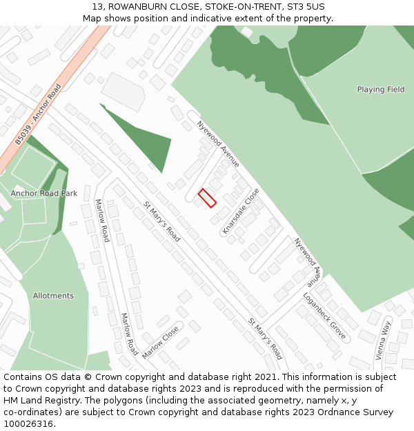 13, ROWANBURN CLOSE, STOKE-ON-TRENT, ST3 5US: Location map and indicative extent of plot