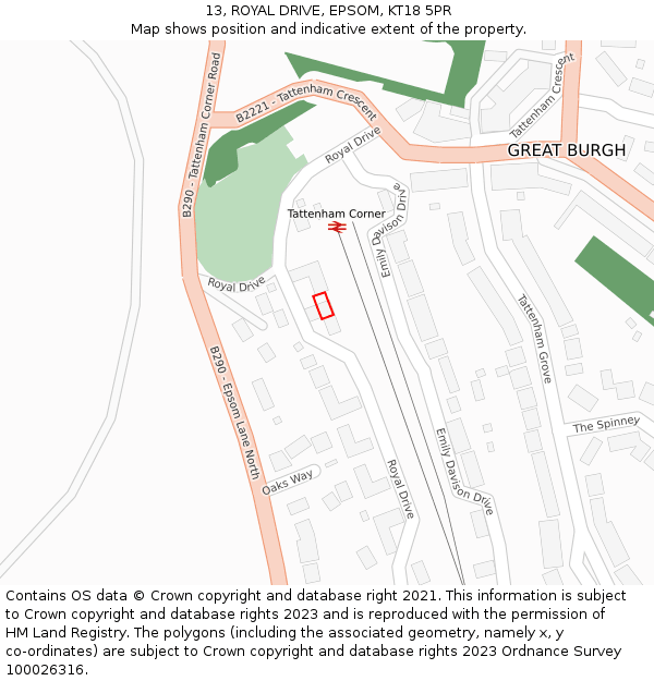 13, ROYAL DRIVE, EPSOM, KT18 5PR: Location map and indicative extent of plot