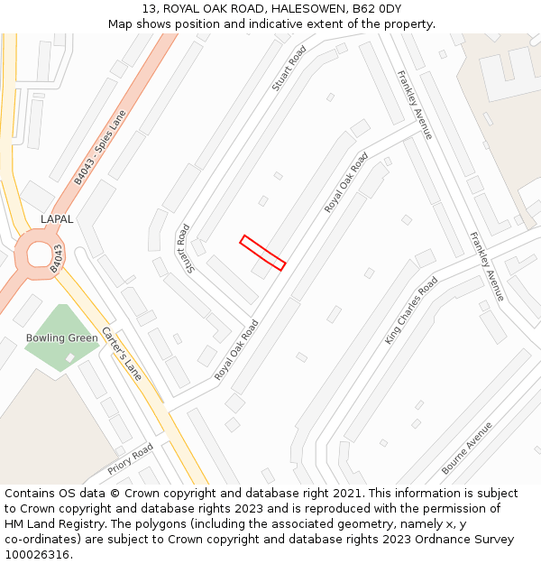 13, ROYAL OAK ROAD, HALESOWEN, B62 0DY: Location map and indicative extent of plot