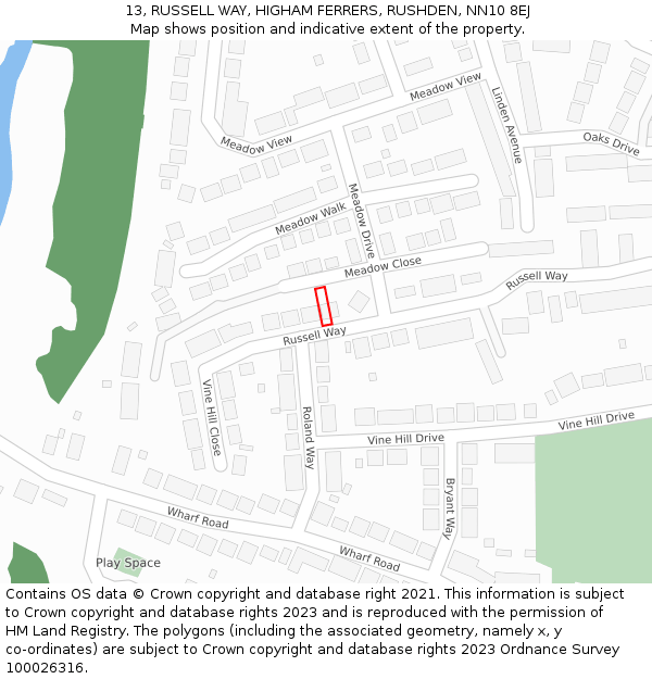 13, RUSSELL WAY, HIGHAM FERRERS, RUSHDEN, NN10 8EJ: Location map and indicative extent of plot