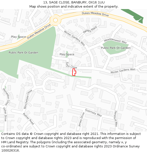 13, SAGE CLOSE, BANBURY, OX16 1UU: Location map and indicative extent of plot
