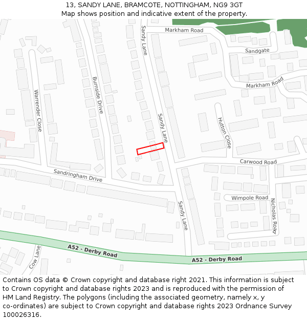 13, SANDY LANE, BRAMCOTE, NOTTINGHAM, NG9 3GT: Location map and indicative extent of plot