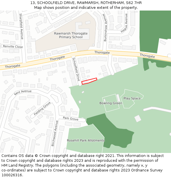 13, SCHOOLFIELD DRIVE, RAWMARSH, ROTHERHAM, S62 7HR: Location map and indicative extent of plot
