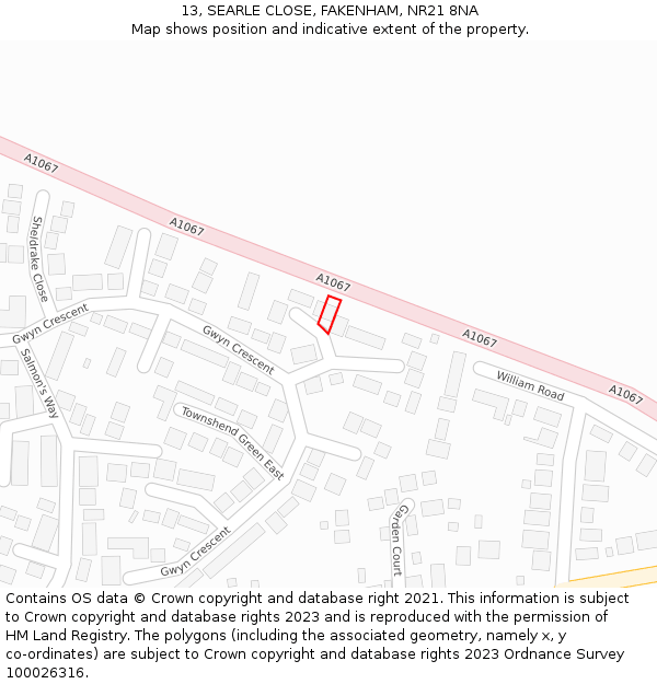 13, SEARLE CLOSE, FAKENHAM, NR21 8NA: Location map and indicative extent of plot