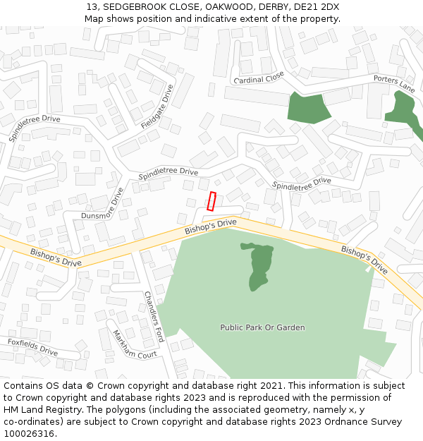 13, SEDGEBROOK CLOSE, OAKWOOD, DERBY, DE21 2DX: Location map and indicative extent of plot