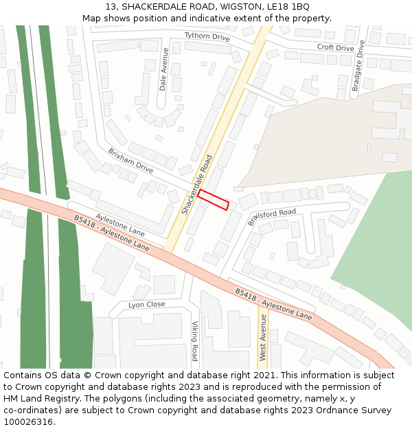 13, SHACKERDALE ROAD, WIGSTON, LE18 1BQ: Location map and indicative extent of plot