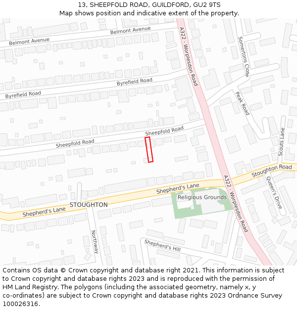 13, SHEEPFOLD ROAD, GUILDFORD, GU2 9TS: Location map and indicative extent of plot