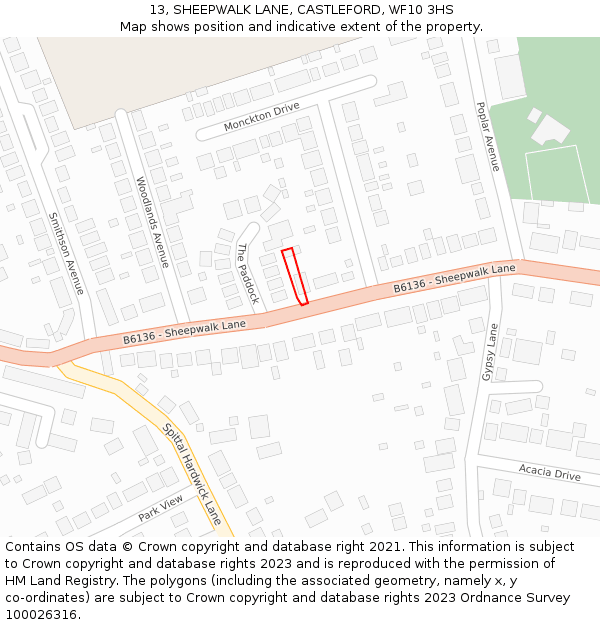 13, SHEEPWALK LANE, CASTLEFORD, WF10 3HS: Location map and indicative extent of plot